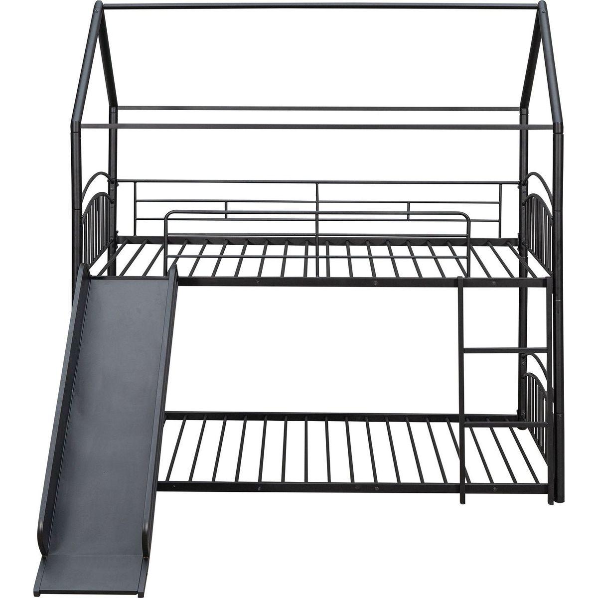 Twin Over Twin Metal Bunk Bed With Slide,Kids House Bed Black