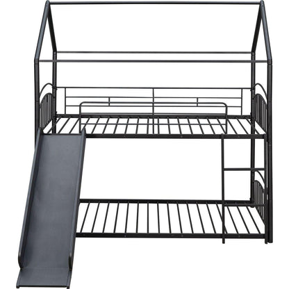 Twin Over Twin Metal Bunk Bed With Slide,Kids House Bed Black