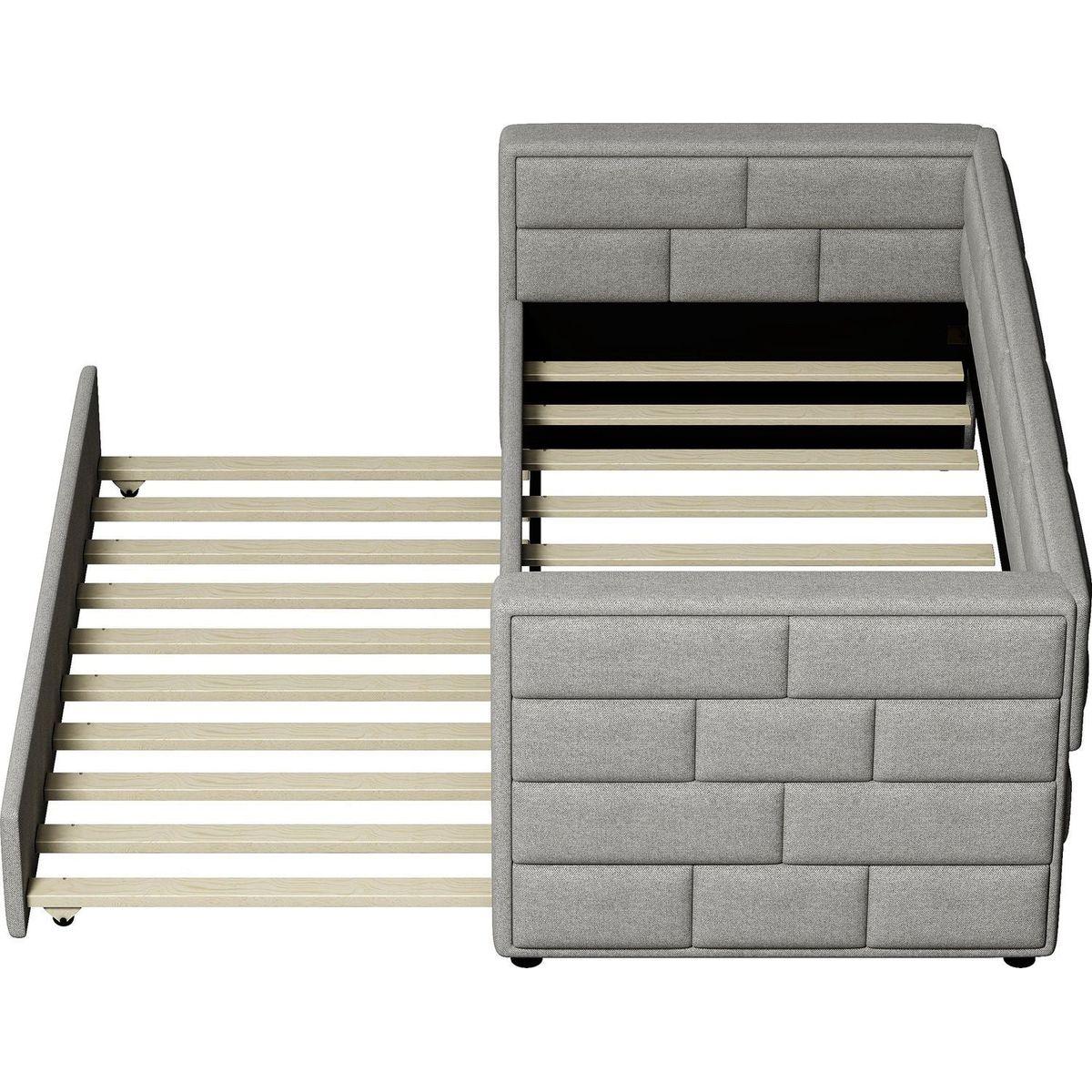Twin Size Daybed with Trundle, Upholstered Daybed with Padded Back, Gray