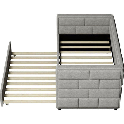 Twin Size Daybed with Trundle, Upholstered Daybed with Padded Back, Gray