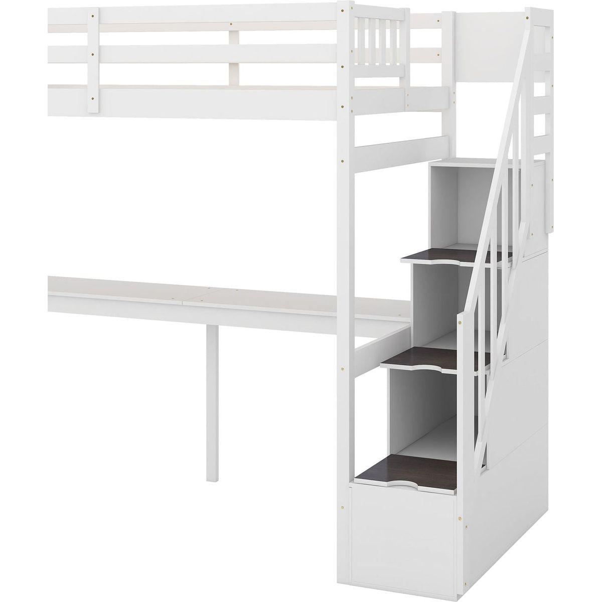 Twin Size Loft Bed with Storage Staircase and Built-in Desk, White
