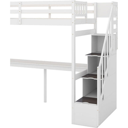 Twin Size Loft Bed with Storage Staircase and Built-in Desk, White