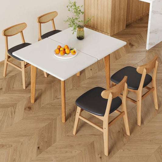 Table and chair set. White sintered stone tabletop, rubberwood legs, foldable computer desk, foldable desk. Solid wood dining chair with small curved backrest and PU cushions.