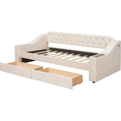 Twin Size Upholstered Daybed with Storage Armrests and USB Port, Beige
