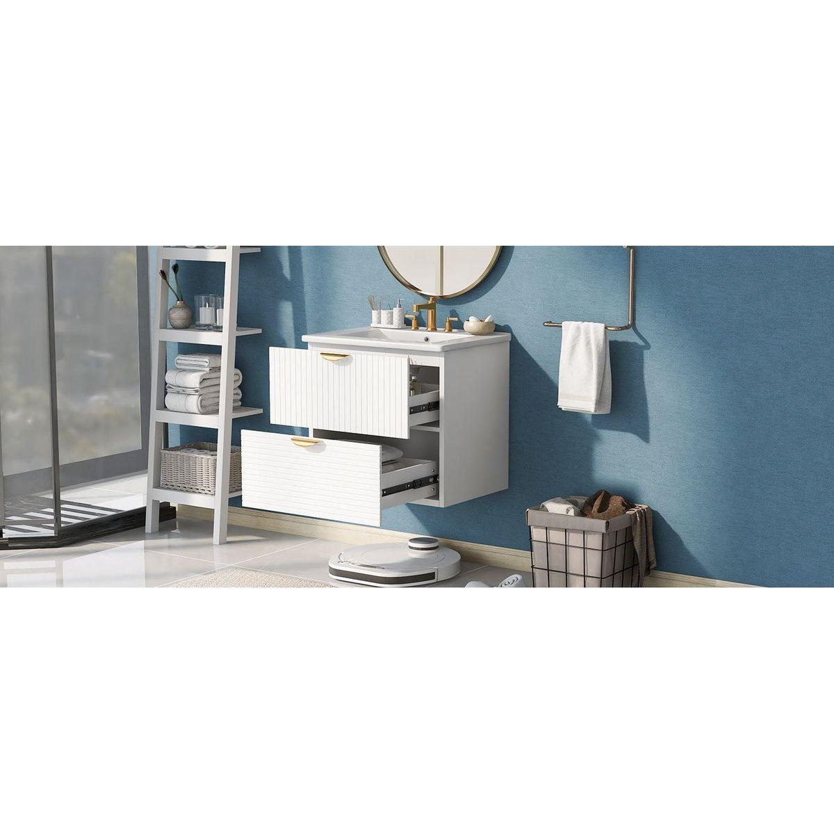 Modern 24-Inch Wall-Mounted Bathroom vanity with 2 Drawers, White - Ideal for Small Bathrooms