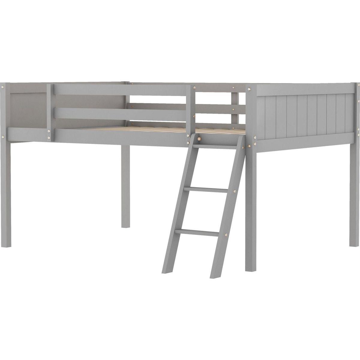 Full Size Wood Low Loft Bed with Ladder, ladder can be placed on the left or right, Gray