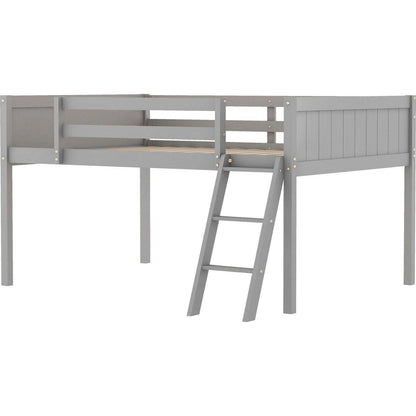 Full Size Wood Low Loft Bed with Ladder, ladder can be placed on the left or right, Gray