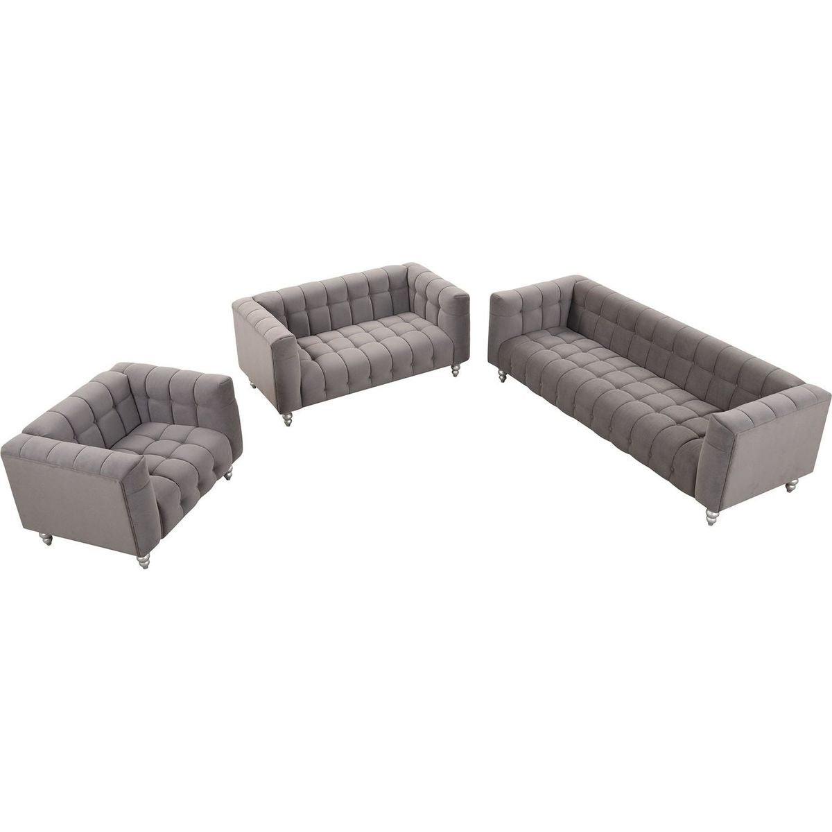 Modern 3-piece sofa set with solid wood legs, buttoned tufted backrest, Dutch fleece upholstered sofa set including three-seater sofa, double seat and living room furniture set single chair, gray