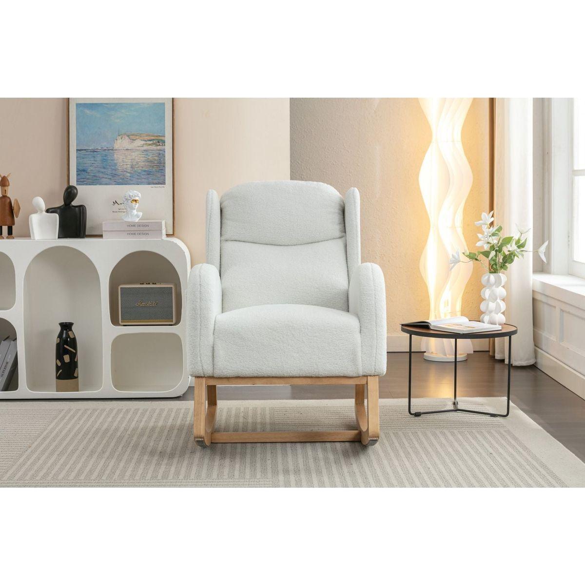 Teddy Fabric Rocking Chair With Packet Wood Legs,Ivory