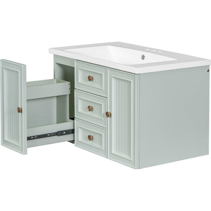 30" Wall Mounted Bathroom Vanity with Sink Combo, Functional Drawer, Solid Wood & MDF Board & Ceramic, Green