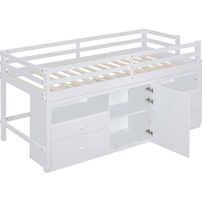 Twin Size Loft Bed with 4 Drawers, Underneath Cabinet and Shelves, White