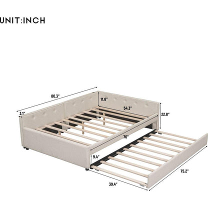 Full Size Upholstered Platform Bed with USB and Twin Size Trundle, Beige