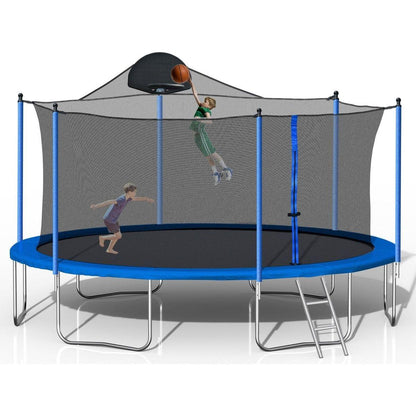 14FT Trampoline for Adults & Kids with Basketball Hoop, Outdoor Trampolines w/Ladder and Safety Enclosure Net for Kids and Adults,Double-side Color cover