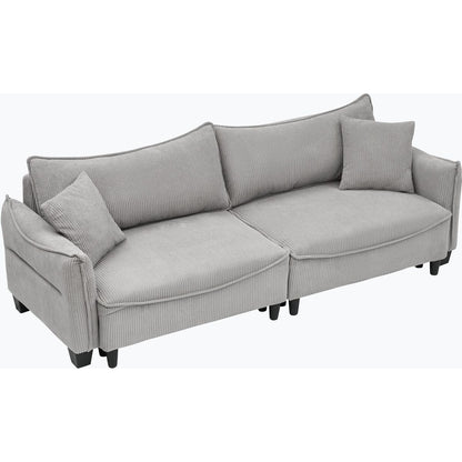 grey corduroy fabric, sofa can be converted into a sofa bed with two throw pillows, suitable for living room and other scenes