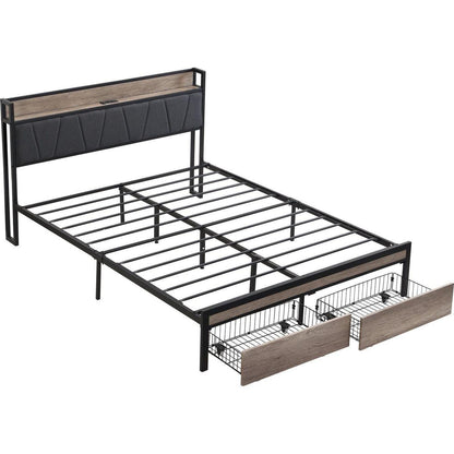 Queen Size Metal Platform Bed Frame with upholstery storage function Headboard and USB LINER and Footboard with drawers, No Box Spring Needed, Large Under Bed Storage, Easy Assemble