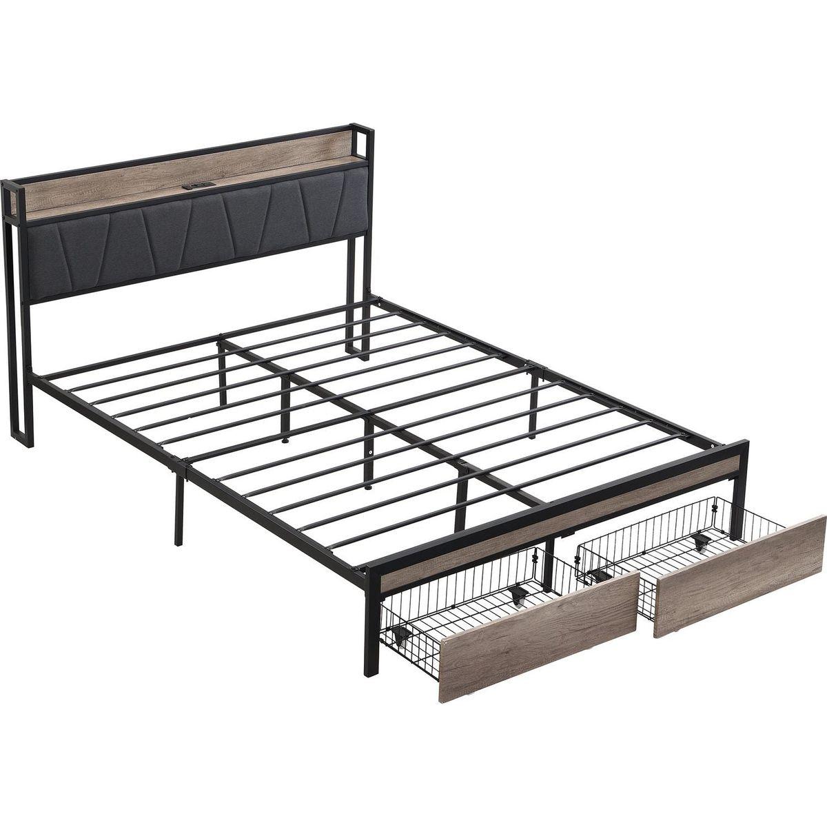 FULL Size Metal Platform Bed Frame with upholstery storage function Headboard and USB LINER and Footboard with drawers, No Box Spring Needed, Large Under Bed Storage, Easy Assemble
