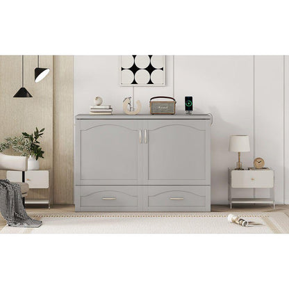 Full Size Murphy Bed Wall Bed with drawer and a set of Sockets & USB Ports, Pulley Structure Design, Gray