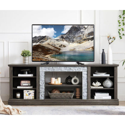 Large TV Stand TV Desk Storage Rack with Faux Stacked Stone Surround,Media Console Table with Large Storage Cabinet,Modern TV Media Entertaionment Stand,GREY, 70.12"Wx15.35"Dx25.83"H