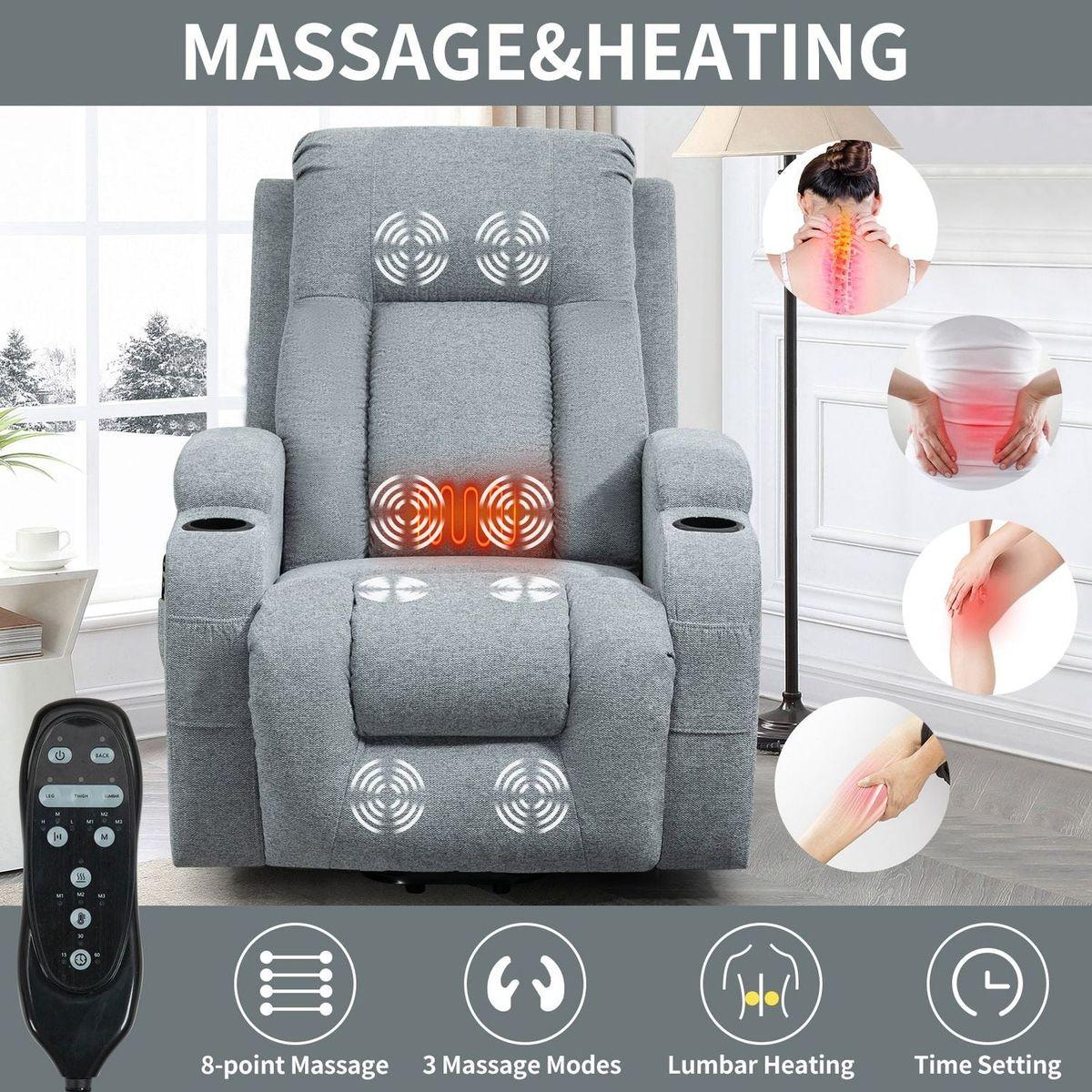 Infinite Position Okin Motor Up to 350 LBS Power Lift Recliner Chair for Elderly, Heavy Duty Motion Mechanism with 8-Point Vibration Massage and Lumbar Heating, USB Charging Port, Cup Holders, Grey