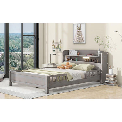 Wood Full Size Platform Bed with Built-in LED Light, Storage Headboard and Guardrail, Antique Grey