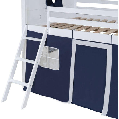 Full Size Bunk Wood House Bed with Elegant Windows, Sills and Tent, Blue+White