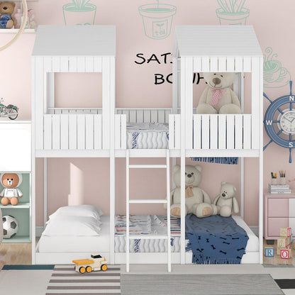 Full Over Full WoodBunk Bed with Roof, Window, Guardrail, Ladder(White)