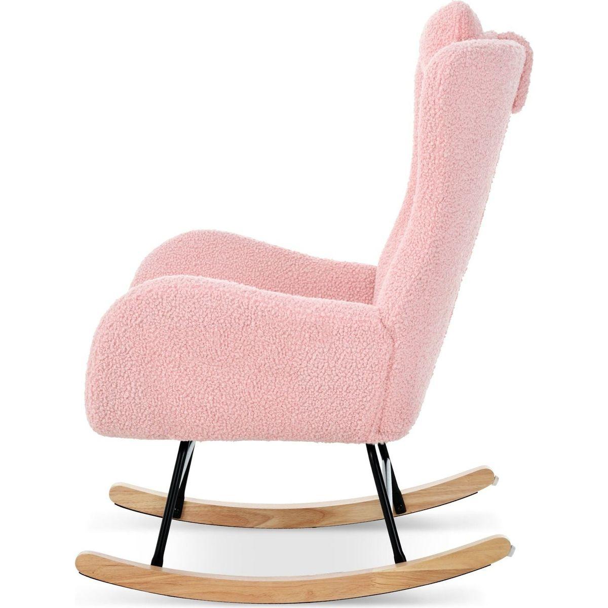 Rocking Chair Nursery, Teddy Upholstered Rocker Glider Chair with High Backrest, Adjustable Headrest & Pocket, Comfy Glider Chair for Nursery, Bedroom, Living Room, Offices, Rubber wood, pink