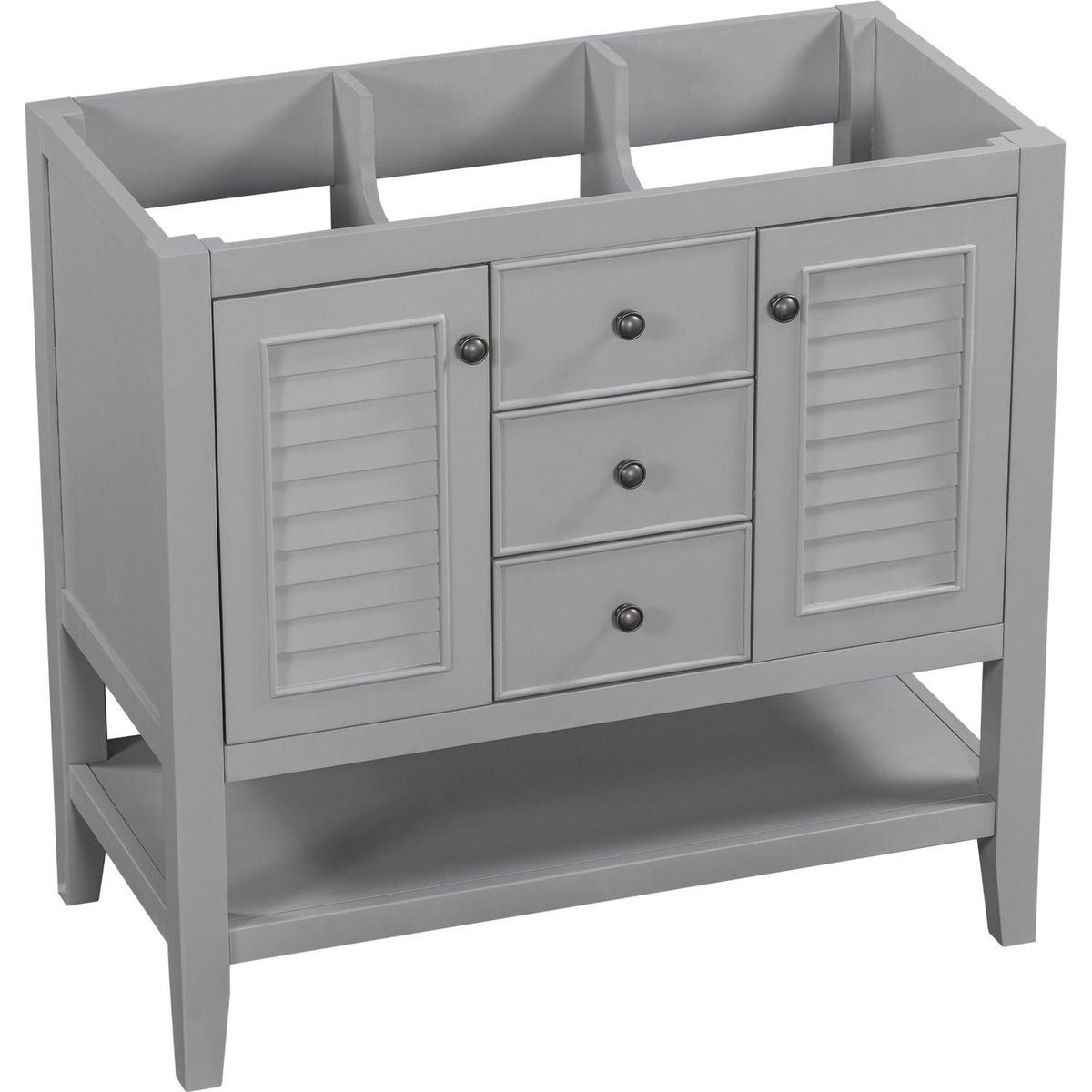 36" Bathroom Vanity without Sink, Cabinet Base Only, Two Cabinets and Drawers, Open Shelf, Solid Wood Frame, Grey