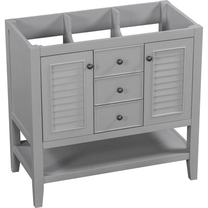 36" Bathroom Vanity without Sink, Cabinet Base Only, Two Cabinets and Drawers, Open Shelf, Solid Wood Frame, Grey