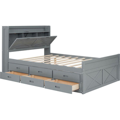 Full Size Wooden Bed with Storage Headboard with Outlets, Extendable Bed with Twin Size Trundle with Three Storage Drawers,Gray