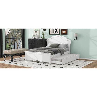 Full Size Wood Platform Bed with Headboard and Twin Size Trundle, White - Streamdale Furniture