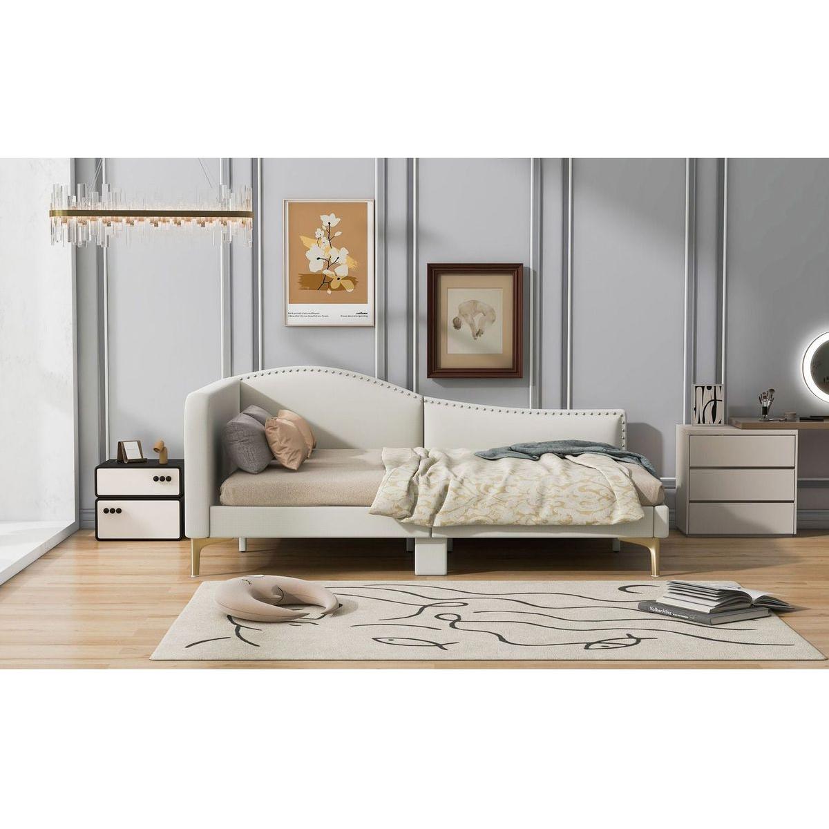 Full Size Upholstered Daybed with Headboard and Armrest, Support Legs, Beige