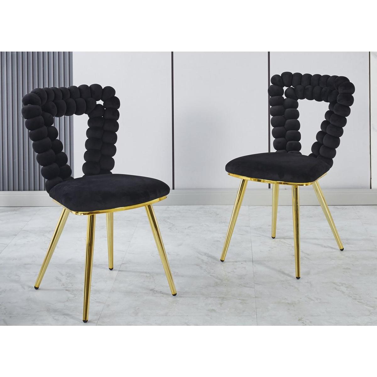 Modern chair(set of 2 ) with golden color iron tube legs, black soft cushions and comfortable backrest, suitable for dining room, living room, cafe,hairball back - Streamdale Furniture