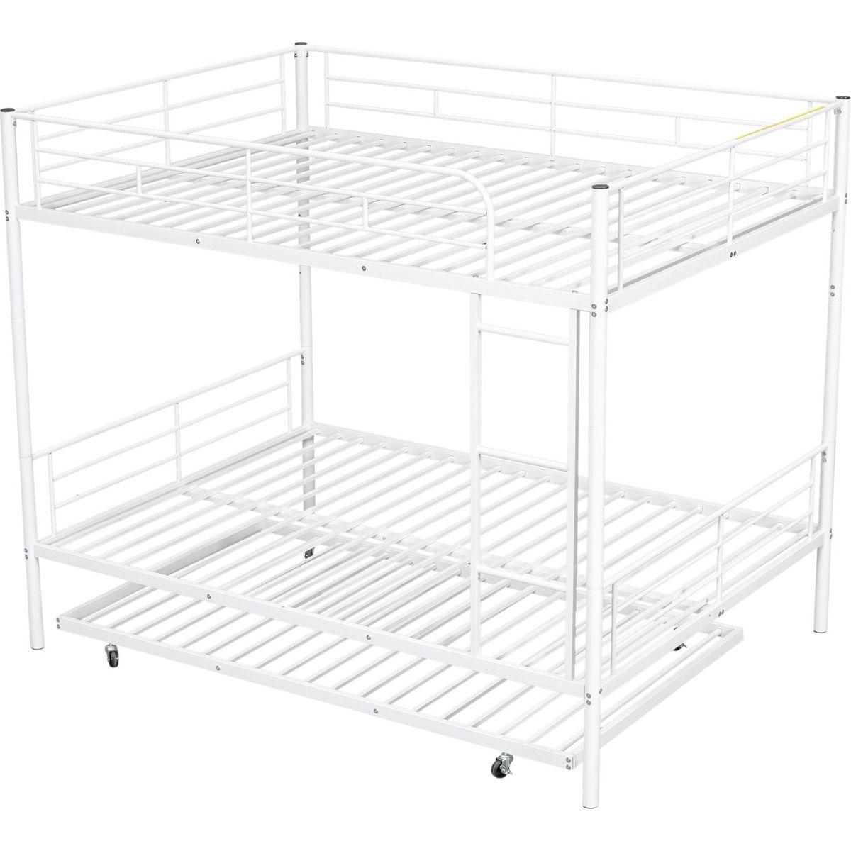 Full Over Full Metal Bunk Bed with Trundle, White