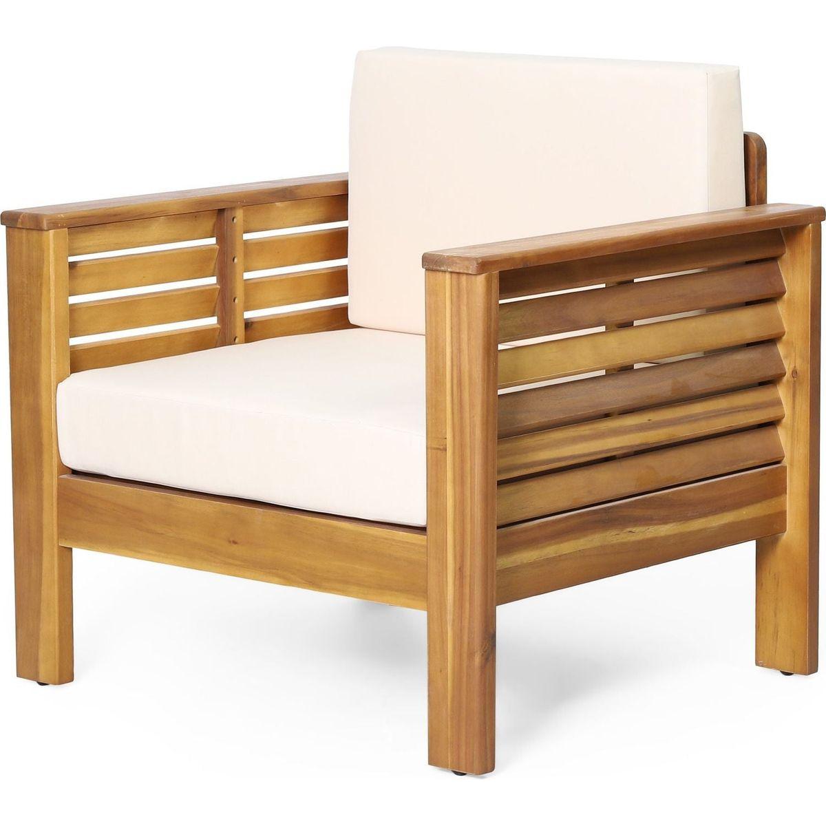 (Set of 2) Outdoor Acacia Wood Club Chairs with Cushions, Teak+Beige, 27.75"D x 32"W x 27.75"H