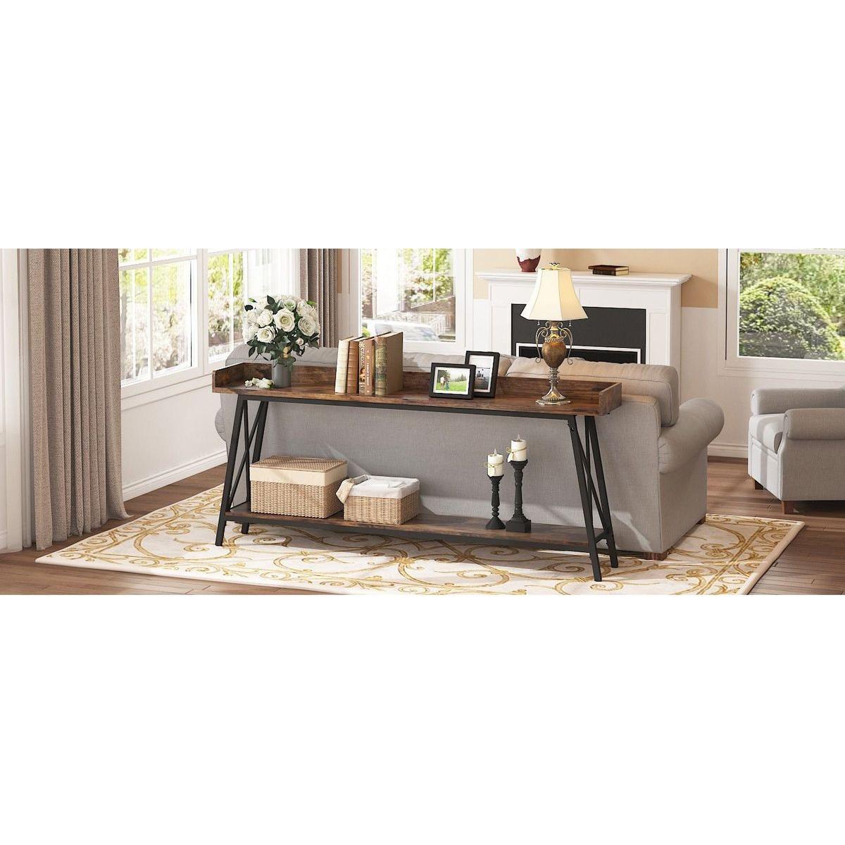 70.87 inch Extra Long Console Table Behind Couch, Rustic Industrial Sofa Table for Living Room, Narrow Entryway Hallway Long Bar Table, Brown+Black