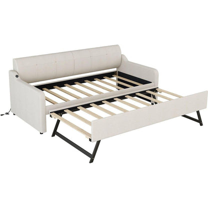 Twin Size Upholstery Daybed with Trundle and USB Charging Design,Trundle can be flat or erected,Beige