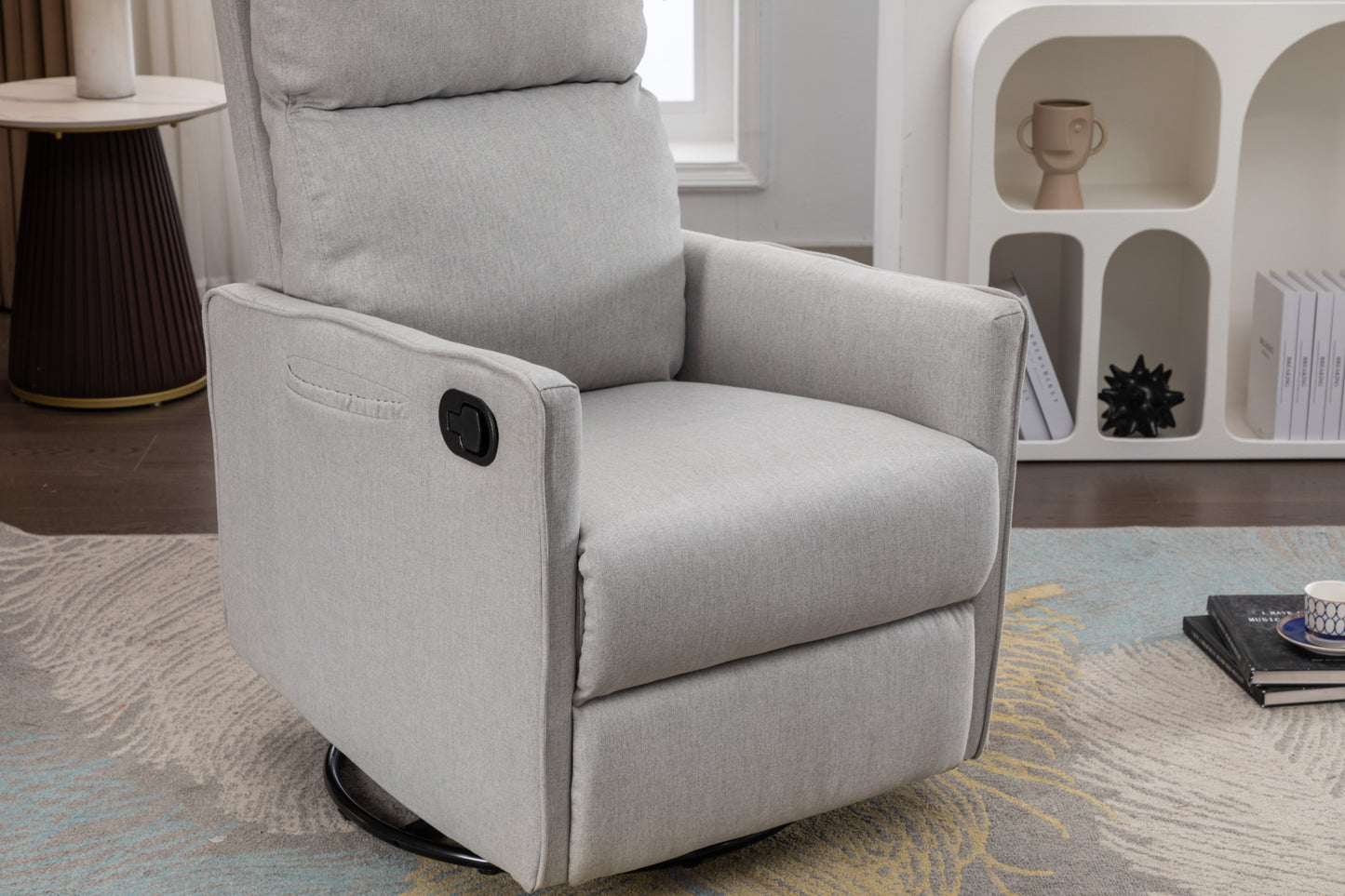 Cotton Linen Fabric Swivel Rocking Chair Glider Rocker Recliner Nursery Chair With Adjustable Back And Footrest For Living Room Indoor,Light Gray