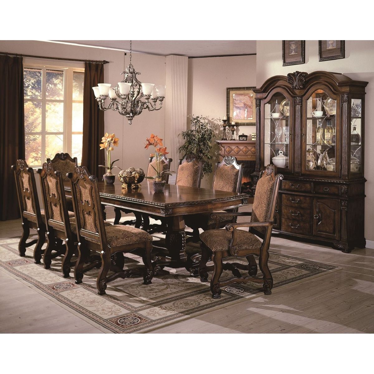 2pc Formal Traditional Dining Side Chair with Upholstered Padded Seat and Back Dining Room Solid Wood Furniture Luscious Brown Finish and Intricate Carved Detail