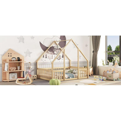 Full Wood House-Shaped Floor Bed with Fence, Guardrails,Natural