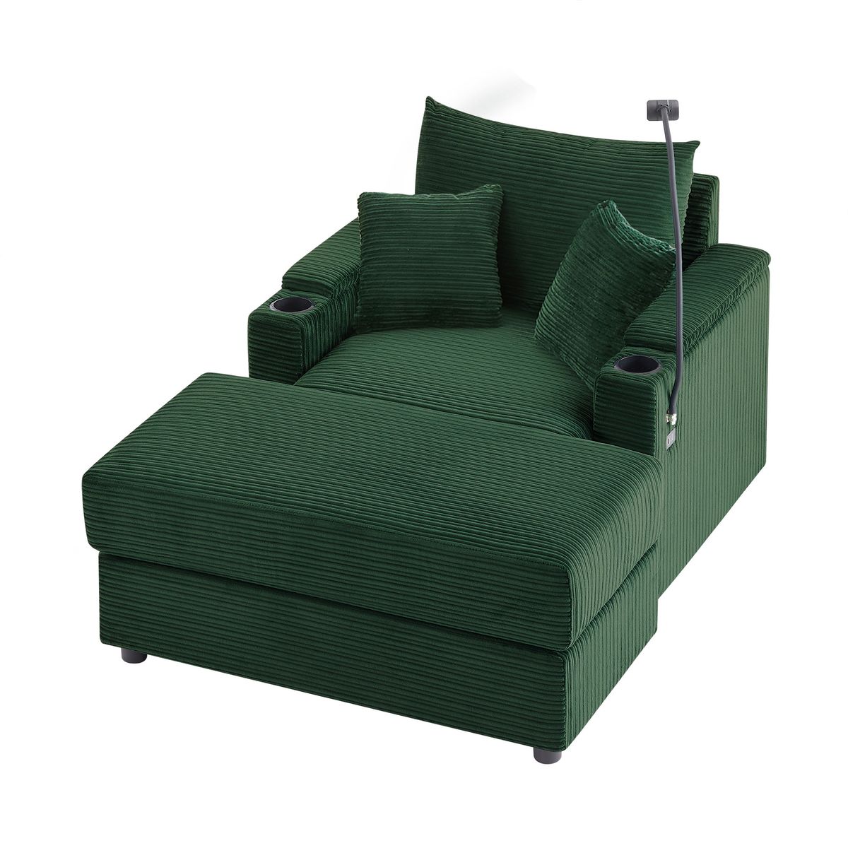 Modern Style Single Sofa Couch with Storage, USB Ports, Cup Holders, Green Corduroy