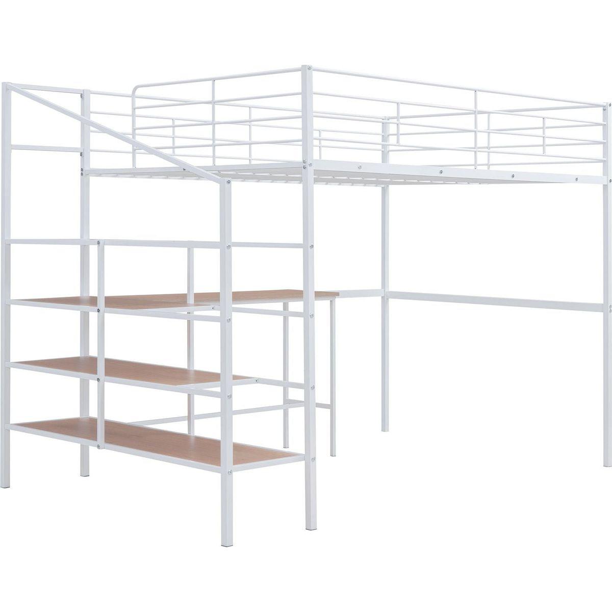 Full Size Metal Loft Bed with Desk and Lateral Storage Ladder, White