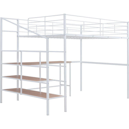 Full Size Metal Loft Bed with Desk and Lateral Storage Ladder, White