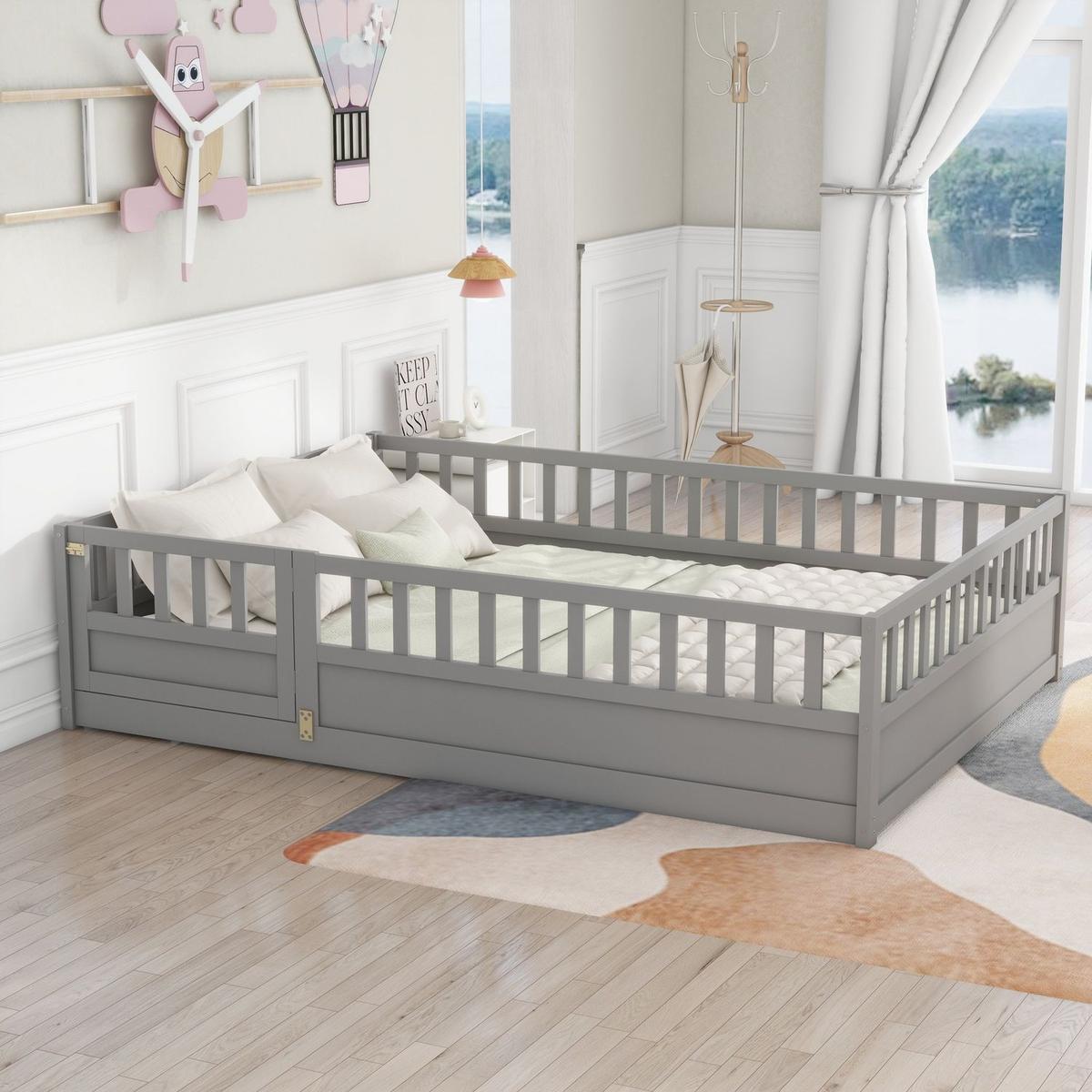 Full size Floor bed, integral construction with super high security barrier, door, children's floor bed frame, Montessori wooden children's floor bed, Support slat Grey