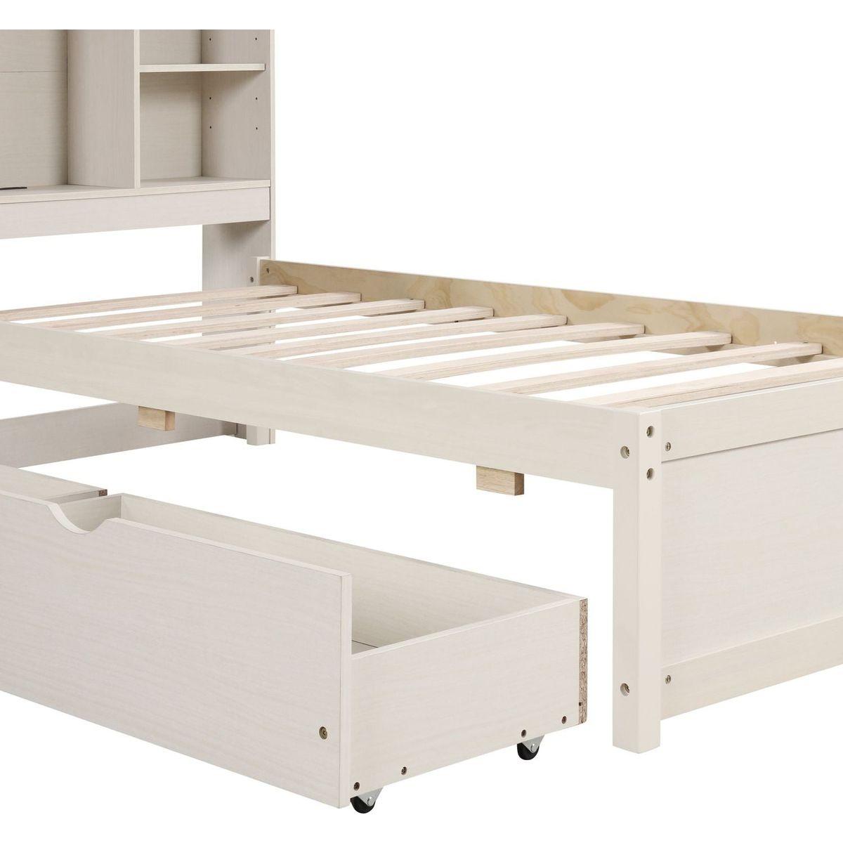 Modern Twin Size Bed Frame With Built-in USB Port on Bookcase Headboard and 2 Drawers for White Washed Color