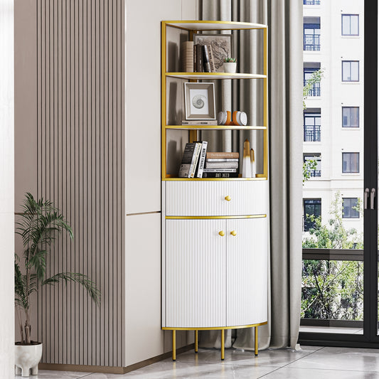 74.8" Tall Modern Corner Bookshelf,Fan-Shaped bookcase with 1 Drawer and 2 Doors, Wooden Standing Corner Shelf with Gold Metal Frame for Living Room,Home Office,White