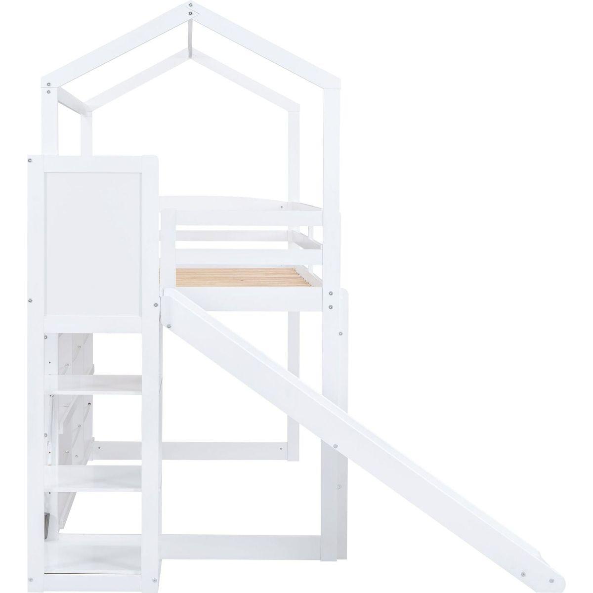 Twin Size Wood House Loft bed with Slide, Storage shelves and Light, White
