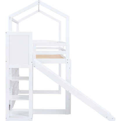 Twin Size Wood House Loft bed with Slide, Storage shelves and Light, White
