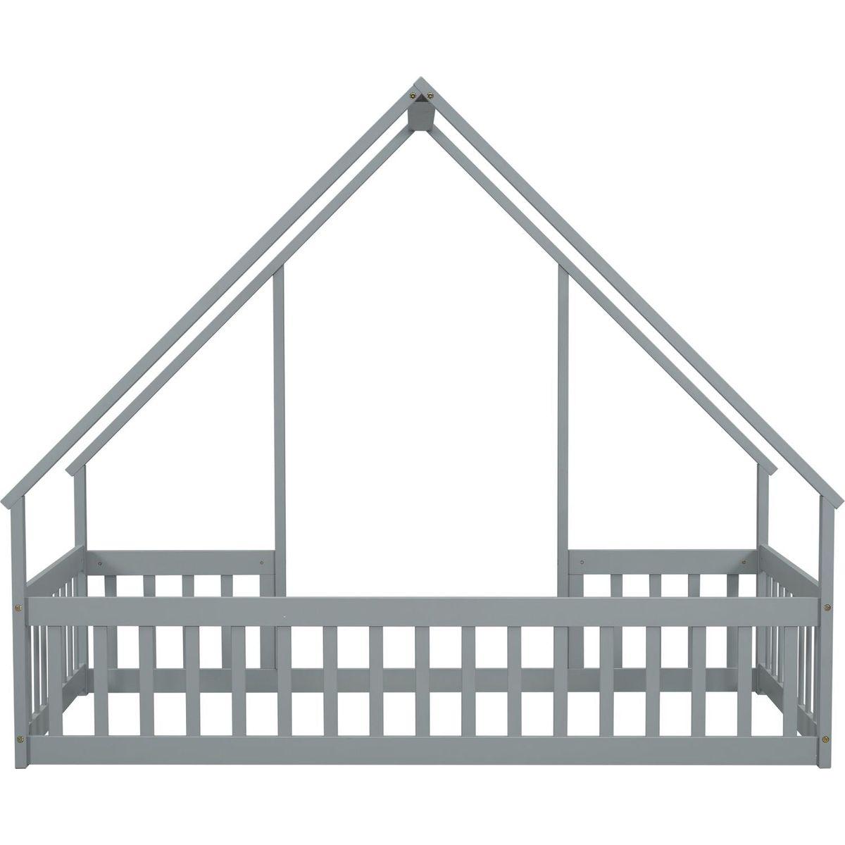 Twin Wood House-Shaped Floor Bed with Fence, Guardrails, Grey
