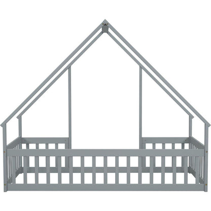 Twin Wood House-Shaped Floor Bed with Fence, Guardrails, Grey